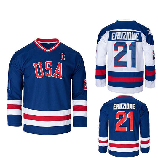 1980 USA Olympic "Miracle on Ice" Hockey Jersey – Mike Eruzione #21 (Blue & White)