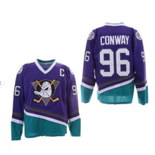 Load image into Gallery viewer, Youth The Mighty Ducks Movie Hockey Jersey #96 Charlie Conway Purple Color Kids Size