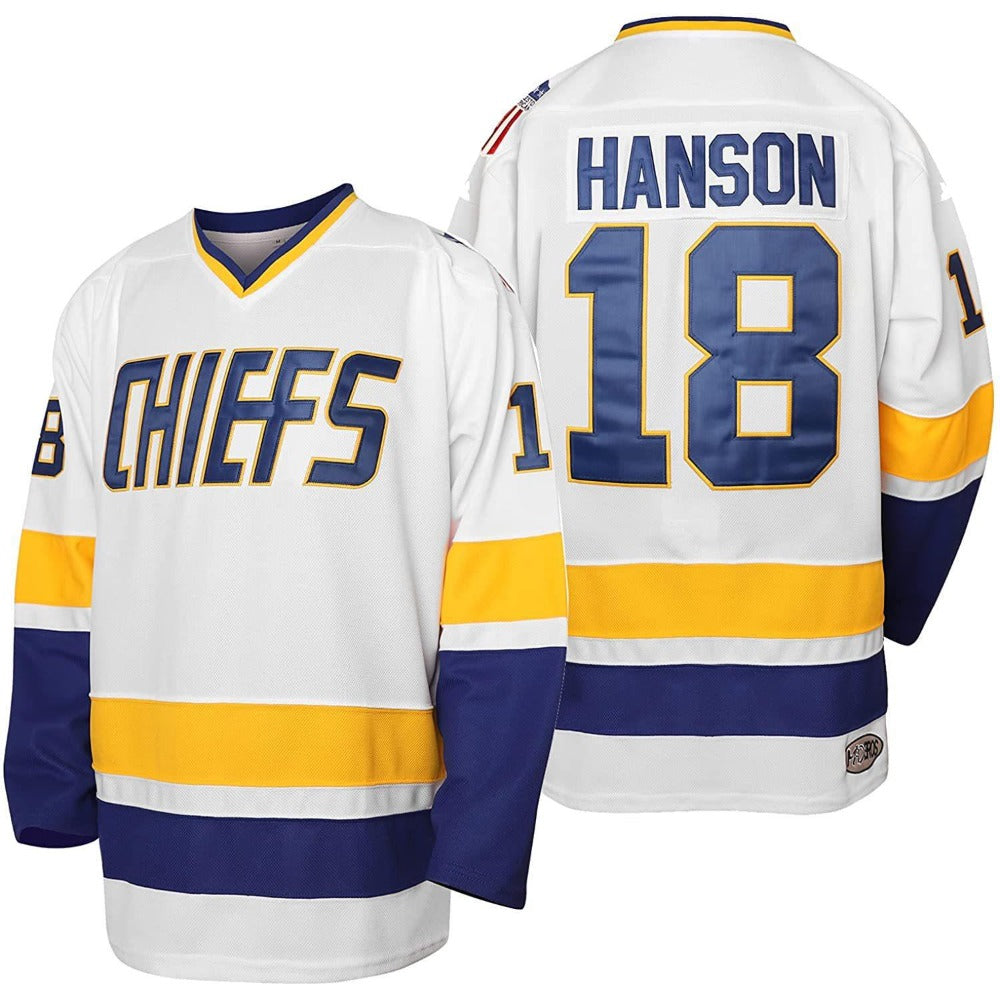 SLAPSHOT Hanson #18 Charlestown Chiefs Hockey Team Madbrother Hockey Jersey Blue And White Colors