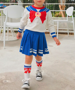 Girls Navy Sailor Costume Long Sleeve Knit School Uniform + Stockings