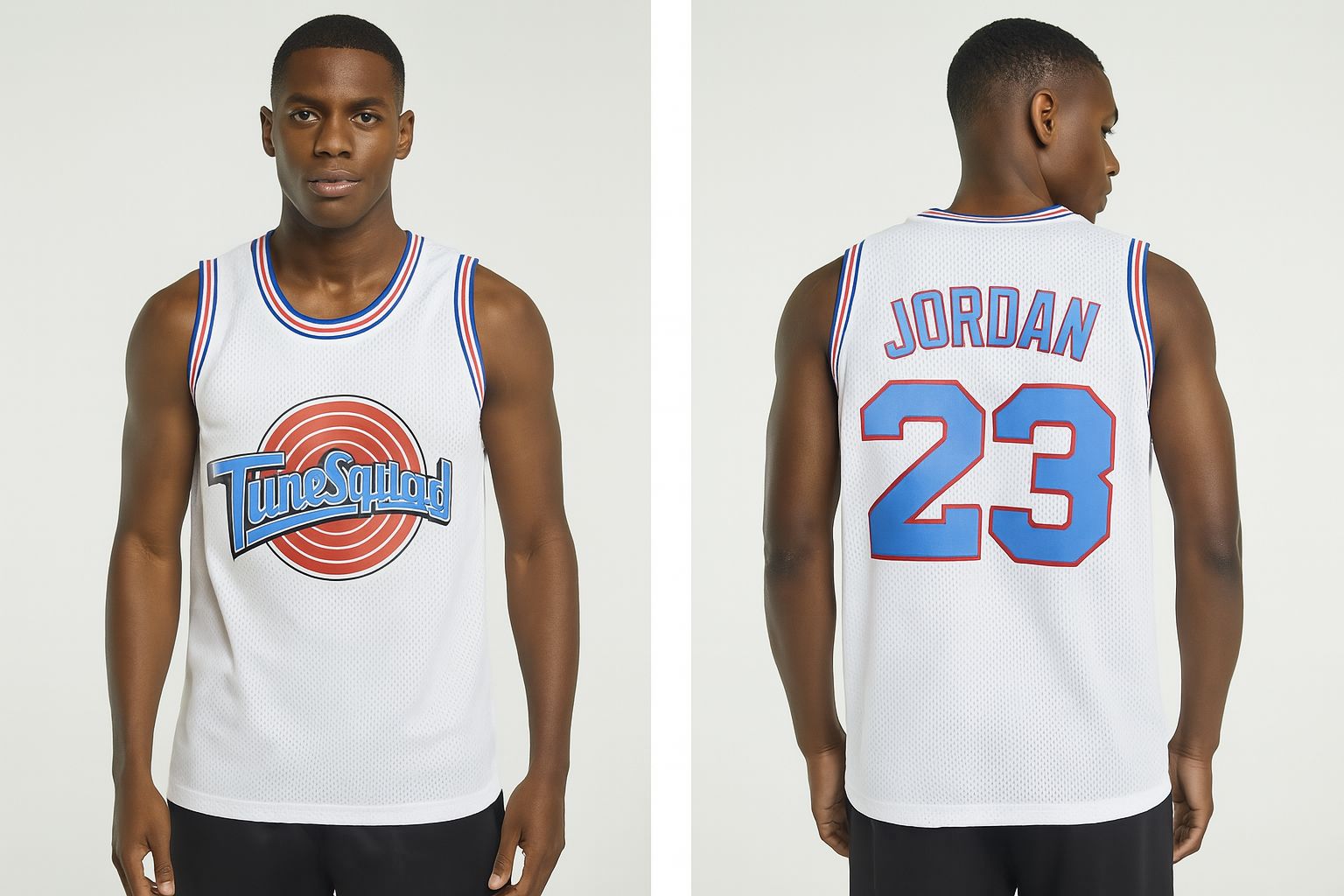 White basketball jersey with 'Tune Squad' and 'Jordan 23' on a white  buymoviejerseys.com
