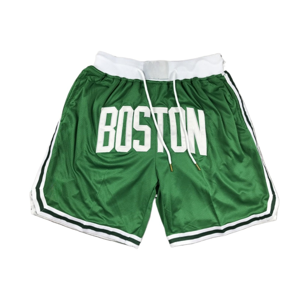 Throwback Classic Boston Basketball Shorts Sports Pants with Zip Pockets Green