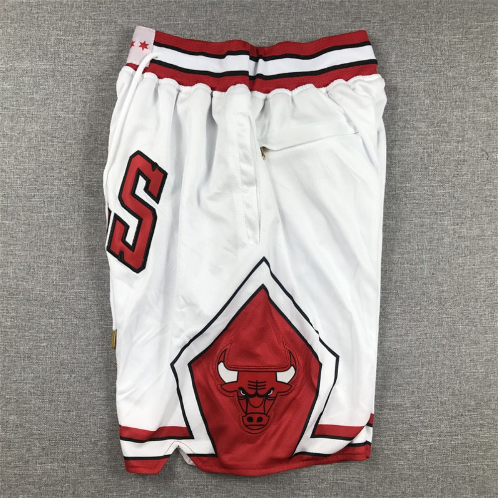 Throwback Bulls Basketball Shorts Sports Pants with Zip Pockets White