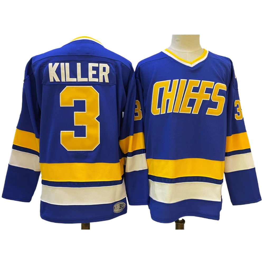 SLAPSHOT Killer #3 Charlestown Chiefs Hockey Team Mad Brother Hockey Jersey Blue Color