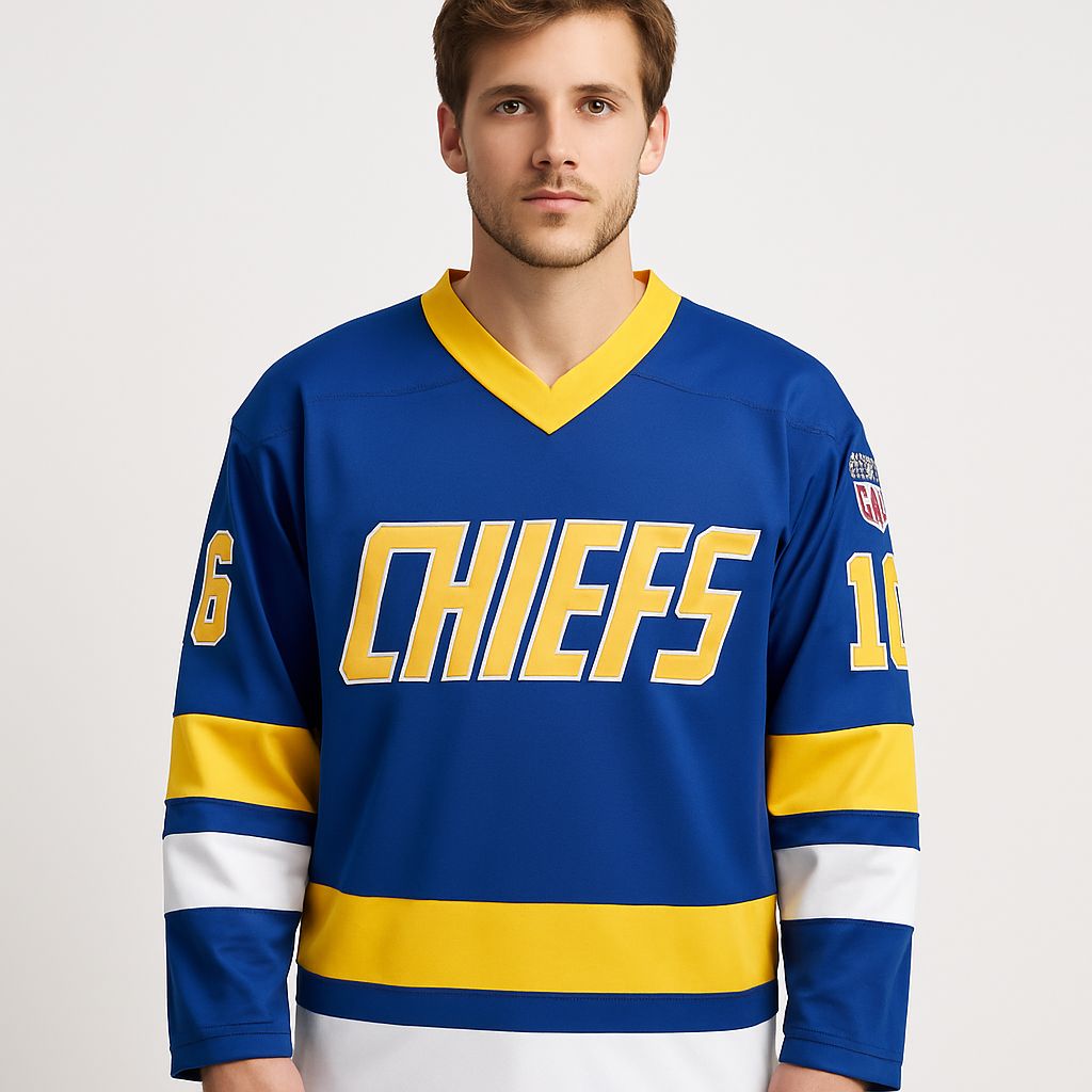Slapshot – Jack Hanson #16 Charlestown Chiefs Hockey Jersey (Blue & White)