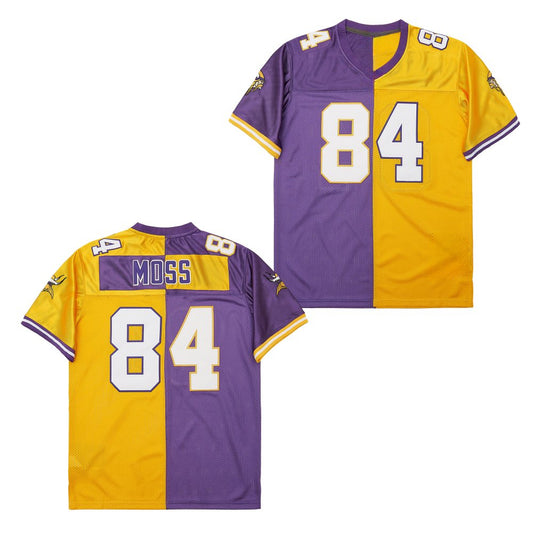 Retro Viking Purple and Yellow Split American Football Jersey Moss #84 Randle #93 Limited Edition