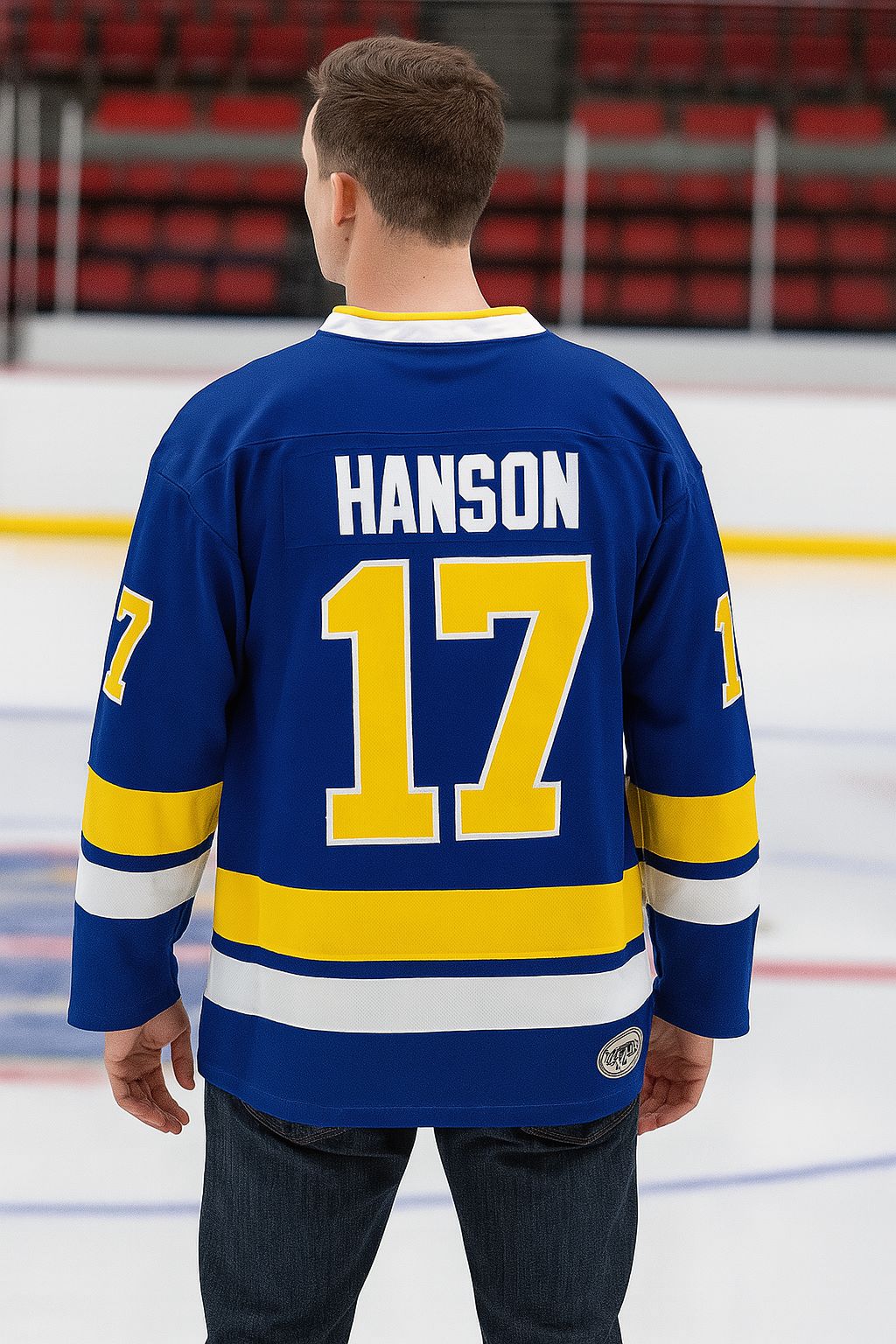 Slapshot – Steve Hanson #17 Charlestown Chiefs Hockey Jersey (Blue & White)