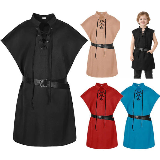 Kids Renaissance Pirate T-shirt Medieval Sleeveless Lace-up Costume Scottish Vest