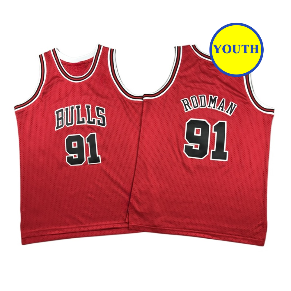 Kids Youth Rodman Bulls Classic Throwback #91 Basketball Jersey Red
