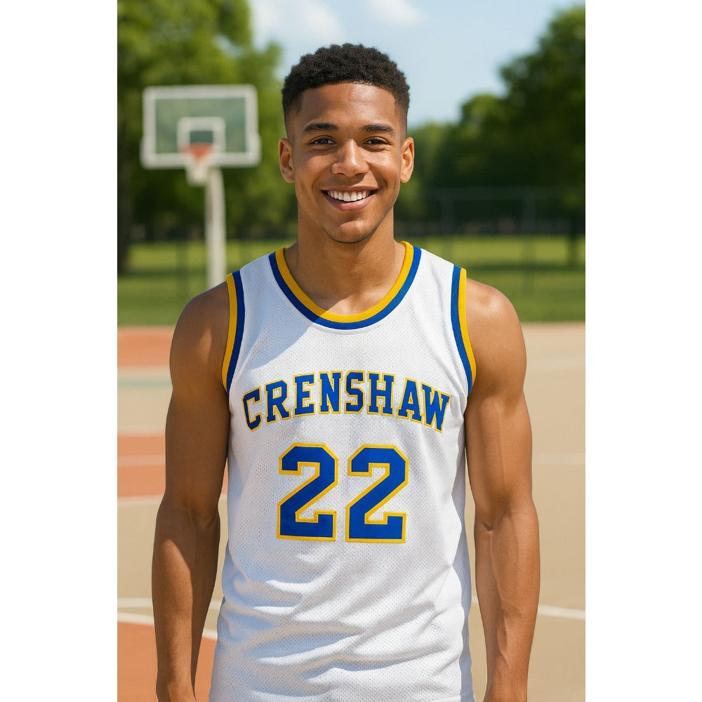 Person wearing a basketball jersey with 'Crenshaw' and number '22' on an outdoor court.