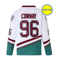 Load image into Gallery viewer, Youth The Mighty Ducks Movie Hockey Jersey #96 Charlie Conway White Color Kids Size