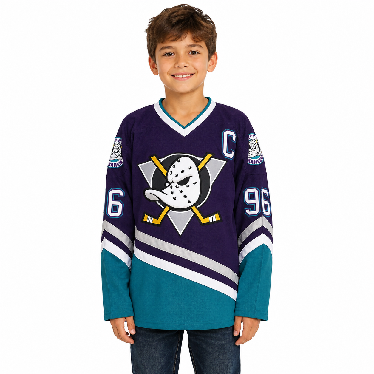 Youth The Mighty Ducks Movie Hockey Jersey #96 Charlie Conway Purple Color Kids Size