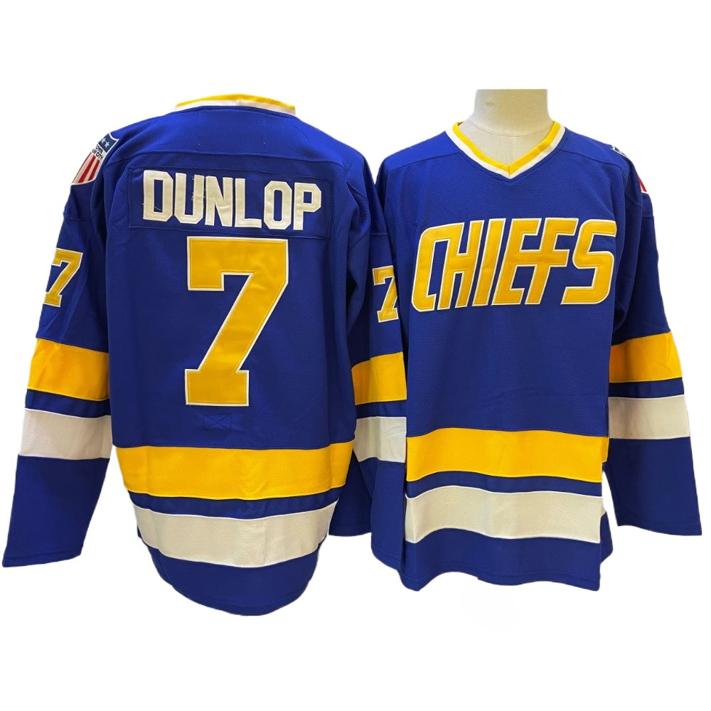 SLAPSHOT Dunlop #7 Charlestown Chiefs Hockey Team Madbrother Hockey Jersey Blue And White Colors