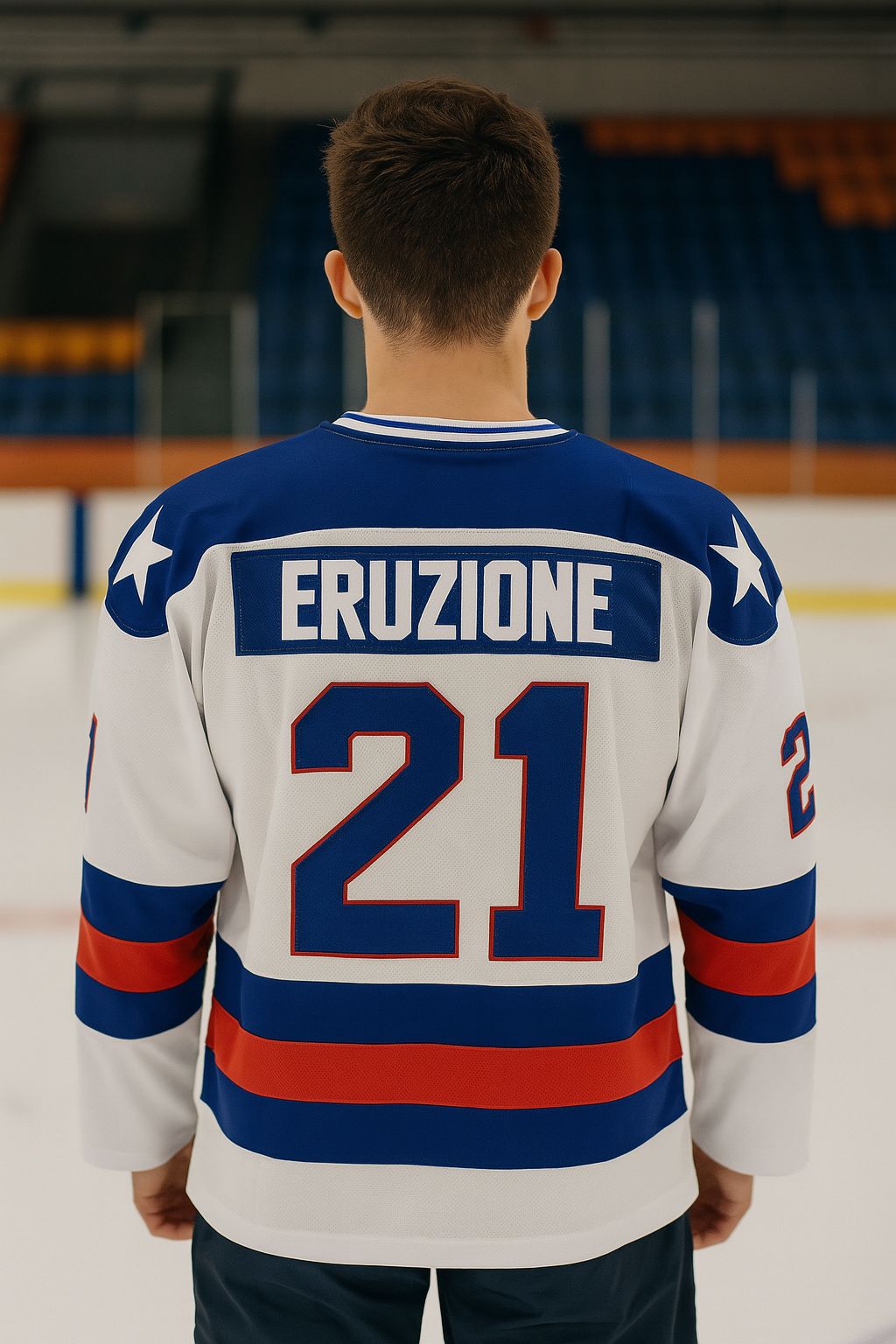 1980 USA Olympic "Miracle on Ice" Hockey Jersey – Mike Eruzione #21 (Blue & White)