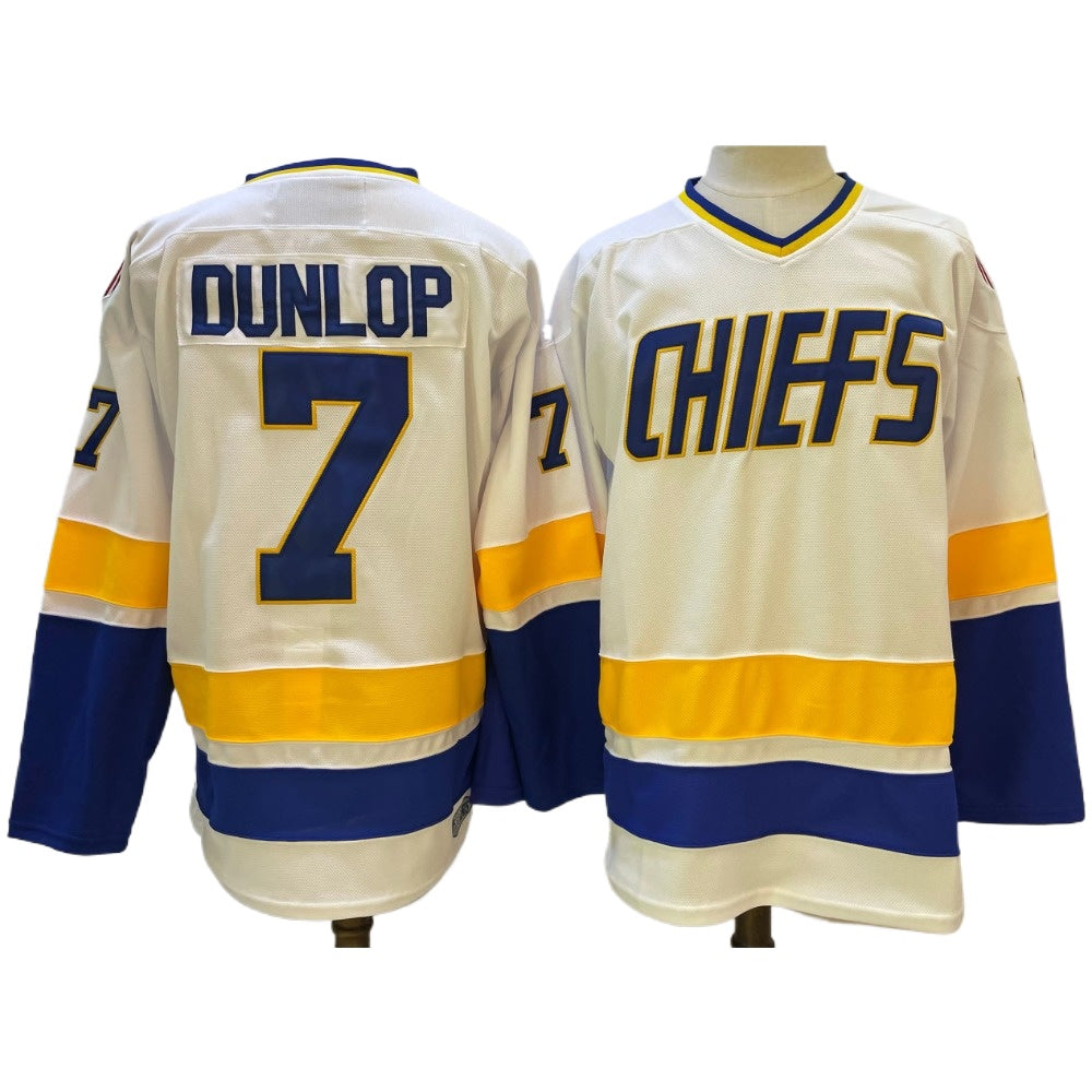 SLAPSHOT Dunlop #7 Charlestown Chiefs Hockey Team Madbrother Hockey Jersey Blue And White Colors