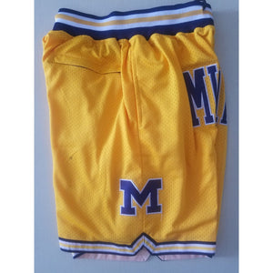 Throwback Classic Michigan Basketball Shorts Sports Pants with Zip Pockets Yellow
