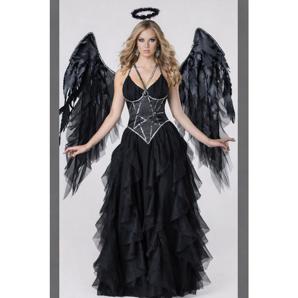 Dark Angel Costume Adult Fallen Angel Women Halloween Fancy Dress with Wings and Halo