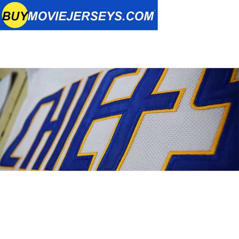 SLAPSHOT Dunlop #7 Charlestown Chiefs Hockey Team Madbrother Hockey Jersey Blue And White Colors