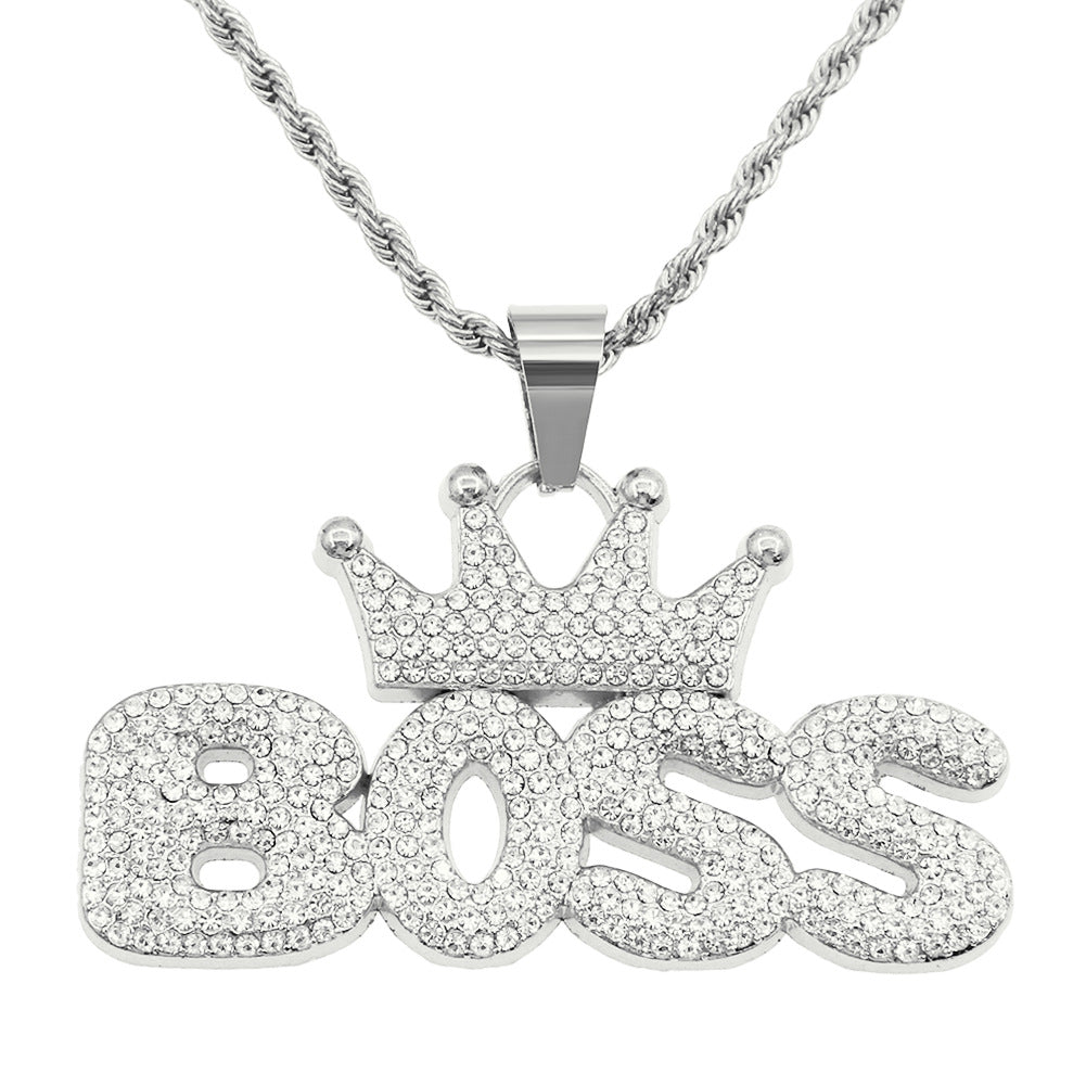 Cool Hip Hop Full of Diamonds Crown Letter Boss Pendant Necklace Hipster Personality Exaggerated Long Accessories Pendant