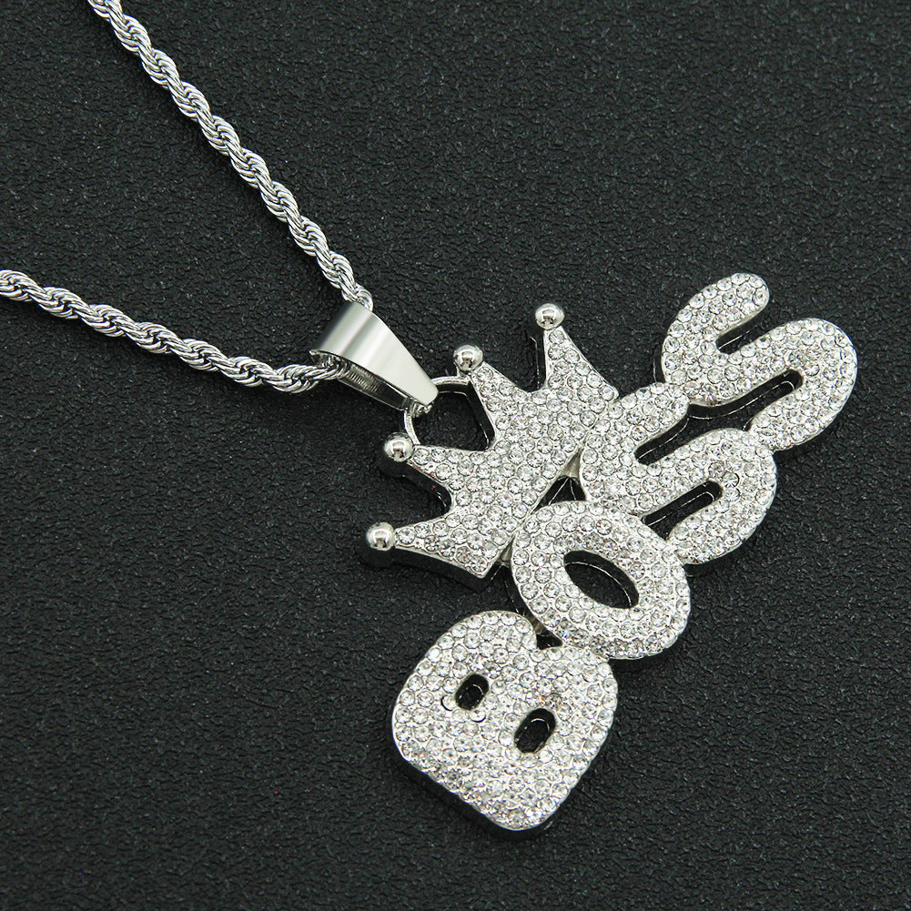 Cool Hip Hop Full of Diamonds Crown Letter Boss Pendant Necklace Hipster Personality Exaggerated Long Accessories Pendant