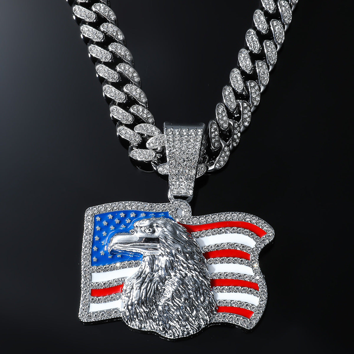 Iced Out American Eagle Flag Pendant Necklace 20" Cuban Chain Gold Silver