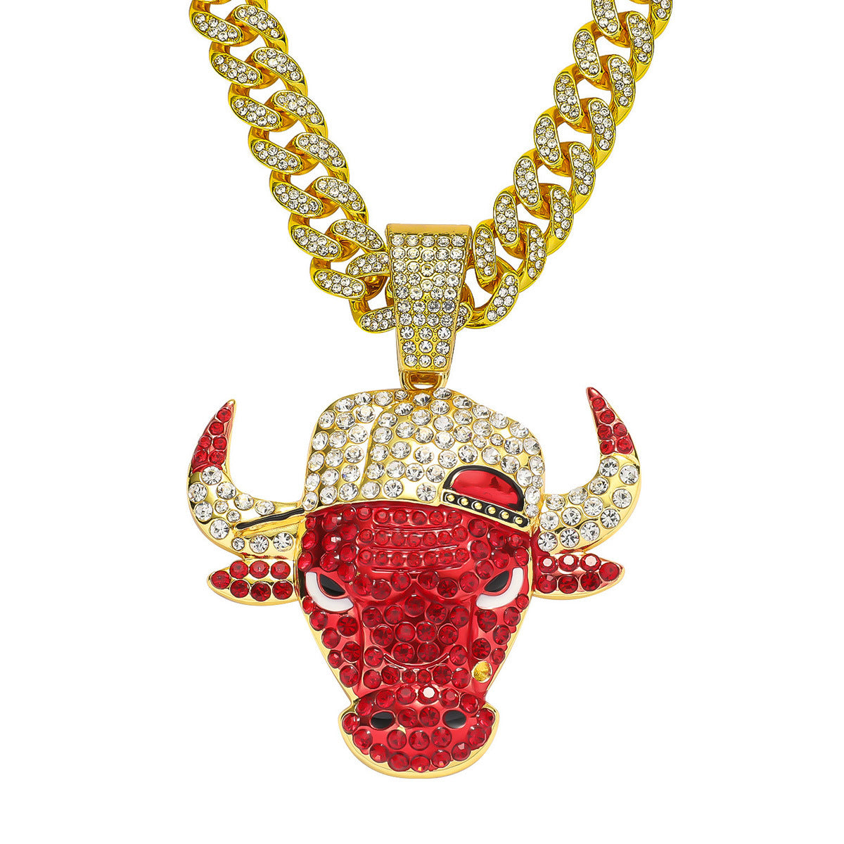 Diamond Red Bulls Punk Cuban Chain Necklace Decorative Pendant