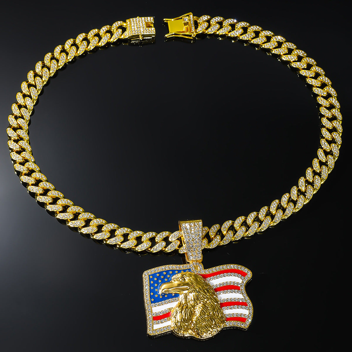 Iced Out American Eagle Flag Pendant Necklace 20" Cuban Chain Gold Silver