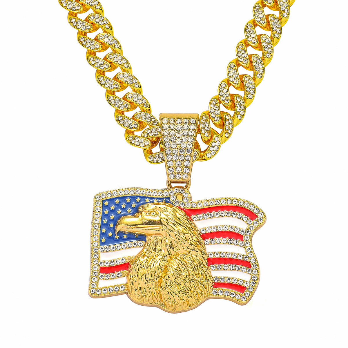 Iced Out American Eagle Flag Pendant Necklace 20" Cuban Chain Gold Silver