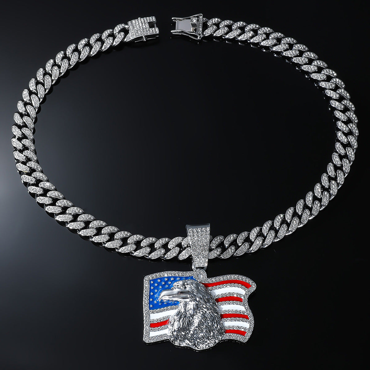 Iced Out American Eagle Flag Pendant Necklace 20" Cuban Chain Gold Silver