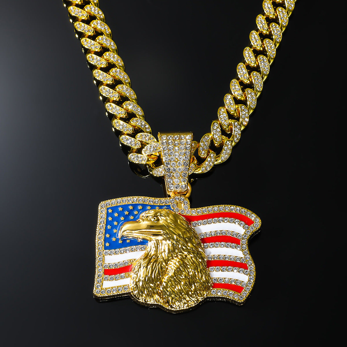 Iced Out American Eagle Flag Pendant Necklace 20" Cuban Chain Gold Silver