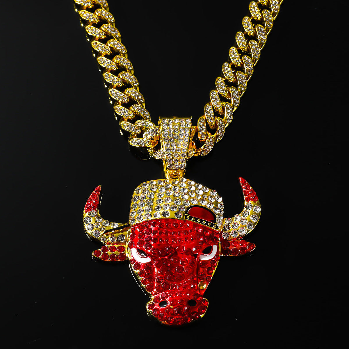 Diamond Red Bulls Punk Cuban Chain Necklace Decorative Pendant