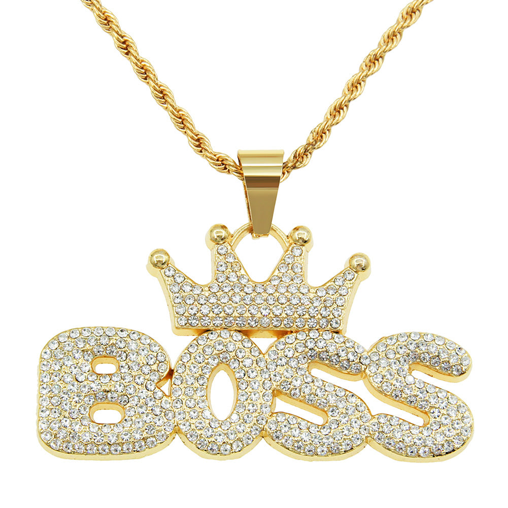 Cool Hip Hop Full of Diamonds Crown Letter Boss Pendant Necklace Hipster Personality Exaggerated Long Accessories Pendant