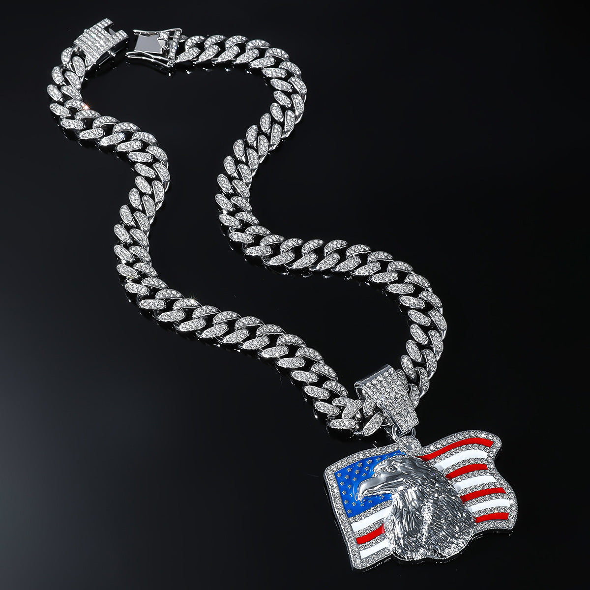 Iced Out American Eagle Flag Pendant Necklace 20" Cuban Chain Gold Silver