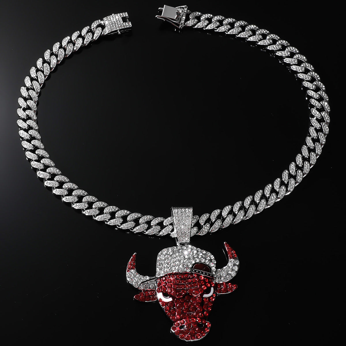 Diamond Red Bulls Punk Cuban Chain Necklace Decorative Pendant