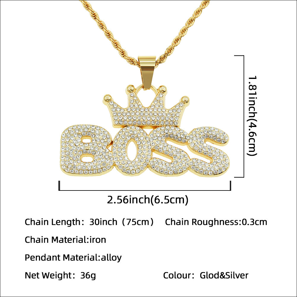 Cool Hip Hop Full of Diamonds Crown Letter Boss Pendant Necklace Hipster Personality Exaggerated Long Accessories Pendant