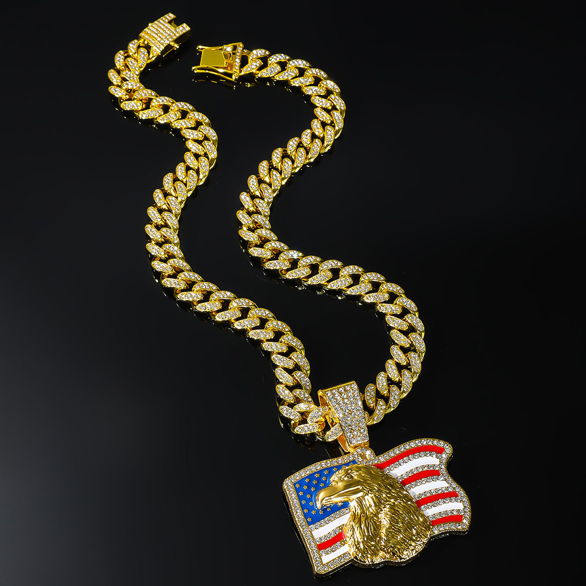 Iced Out American Eagle Flag Pendant Necklace 20" Cuban Chain Gold Silver