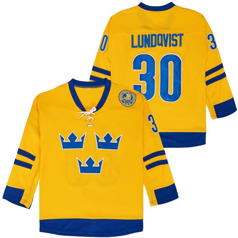 Custom Throwback Forsberg #21 Lundqvist #30 Sweden Ice Hockey Jersey Yellow/Blue Stitched