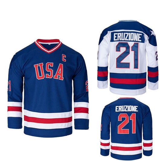 1980 USA Olympic Miracle on Ice Hockey Jersey MIKE ERUZIONE #21 Blue And White