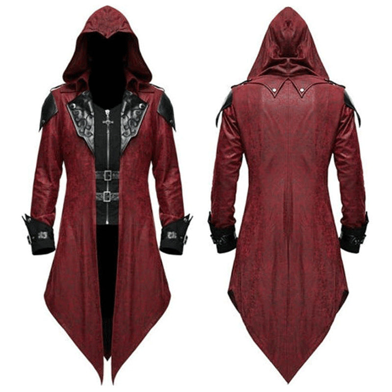 Unisex Victorian Tailcoat Steampunk Medieval Jacket Gothic Coat Faux Two-Piece Vest with Zipper Collar Assassin's Outfit