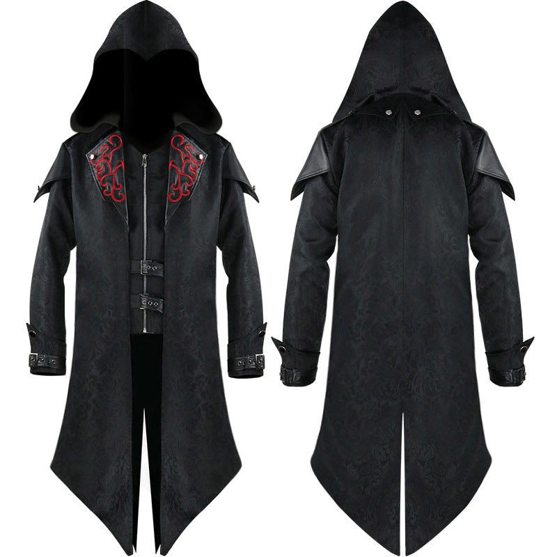 Unisex Victorian Tailcoat Steampunk Medieval Jacket Gothic Coat Faux Two-Piece Vest with Zipper Collar Assassin's Outfit