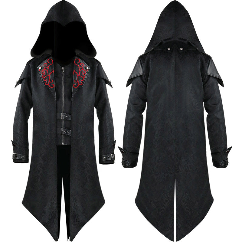 Unisex Victorian Tailcoat Steampunk Medieval Jacket Gothic Coat Faux Two-Piece Vest with Zipper Collar