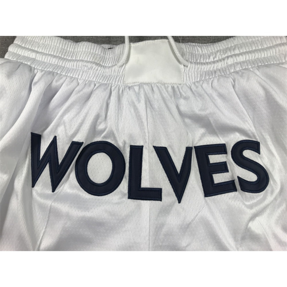 Throwback Wolves Basketball Shorts Sports Pants with Zip Pockets White