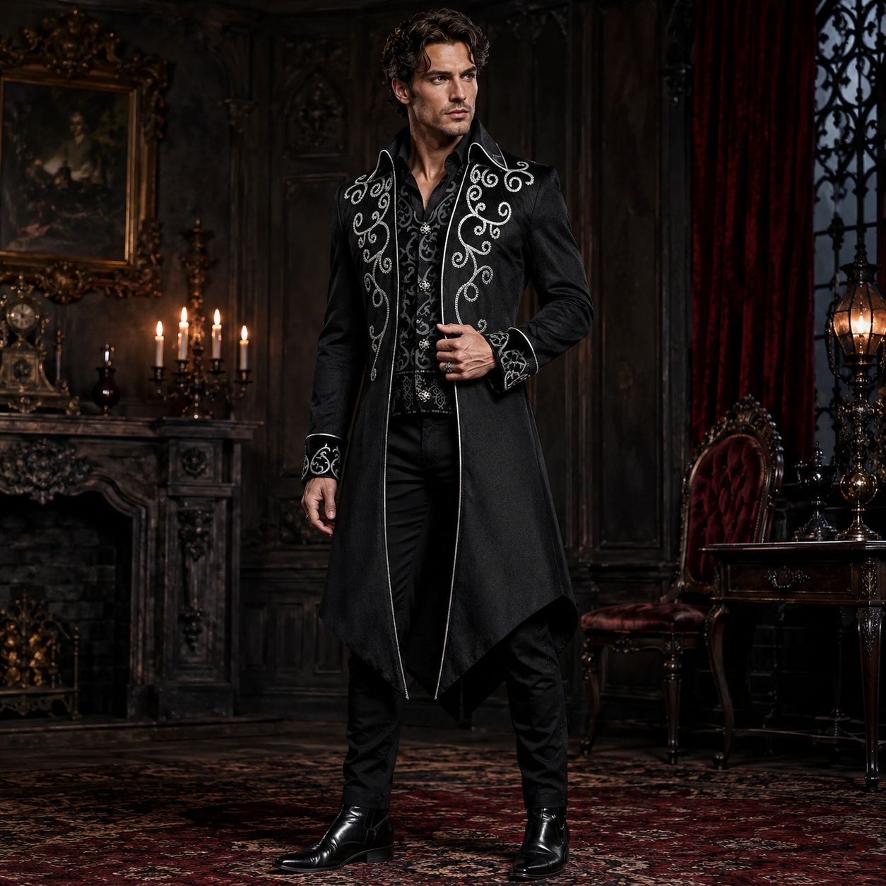 Men's Victorian Jacket Medieval Steampunk Tailcoat Gothic Coat Vampire Halloween Costume