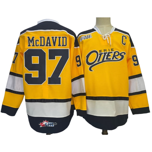 Erie Otters #97 McDavid Ice Hockey Jersey Retro Embroidered Yellow Color