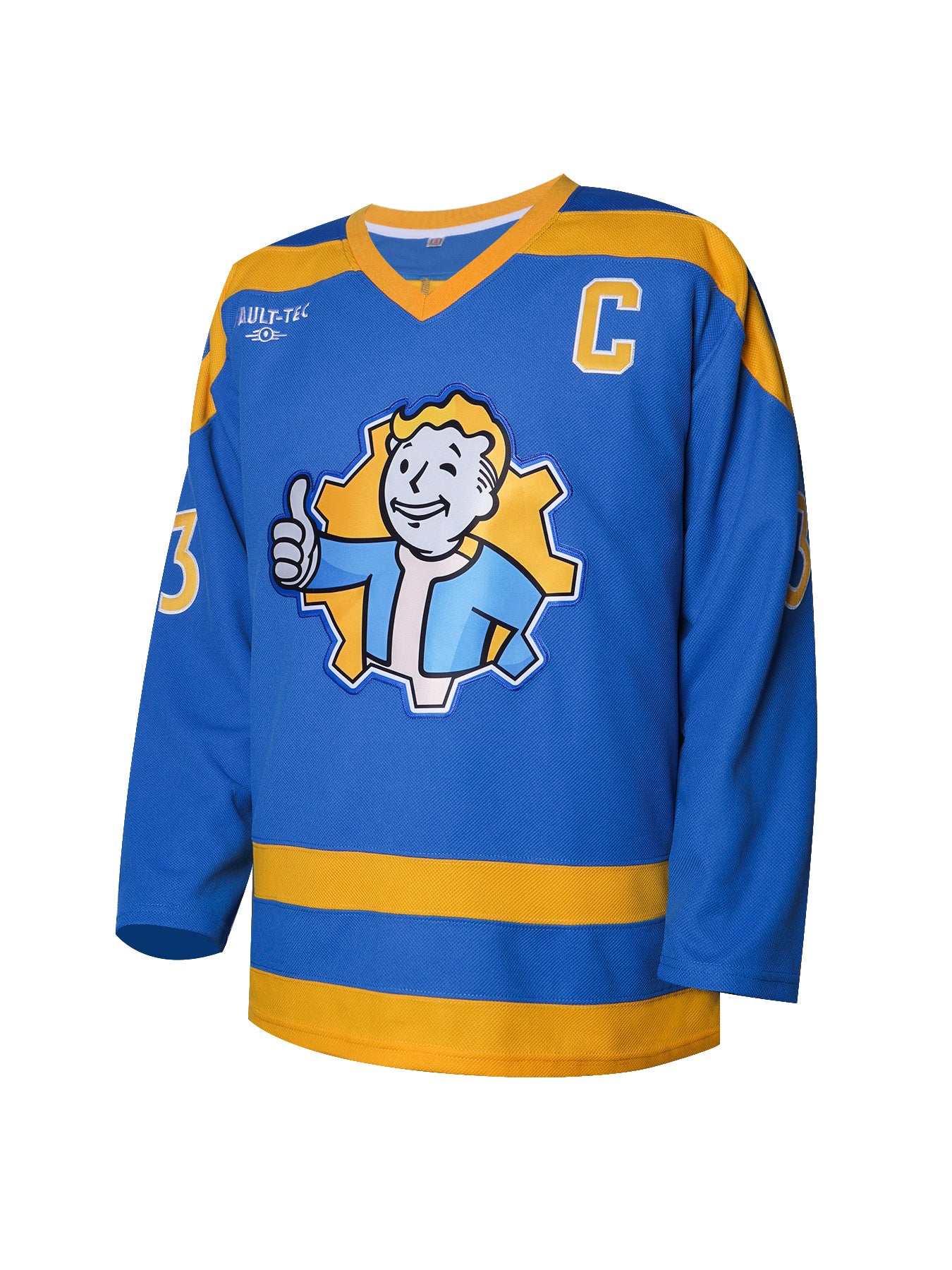 Fallout Vault Boy #33 light blue hockey jersey front view
