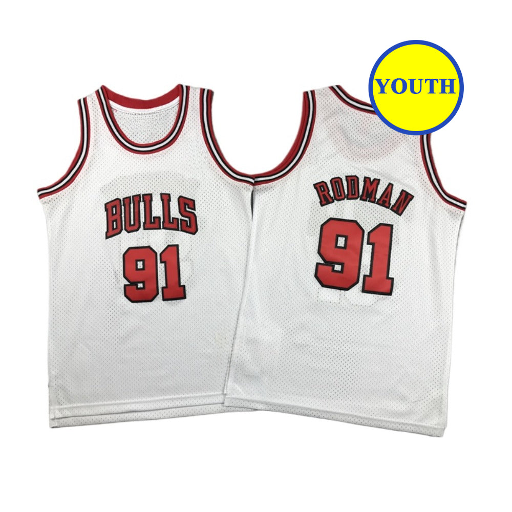 Kids Youth Rodman Bulls Classic Throwback #91 Basketball Jersey White