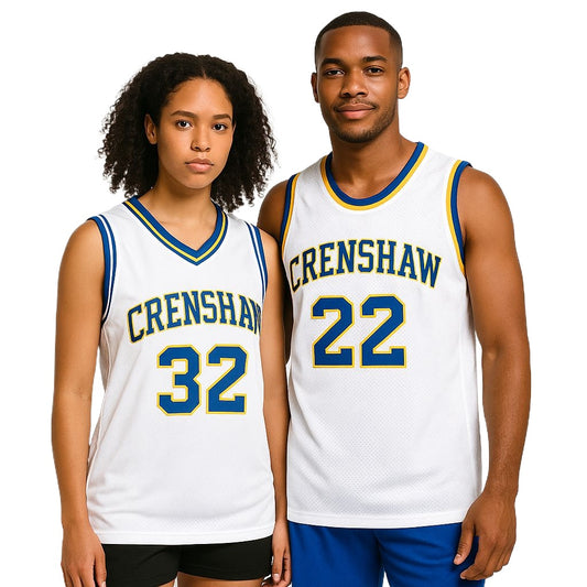 Two people wearing Crenshaw basketball jerseys with numbers 32 and 22 on a white background