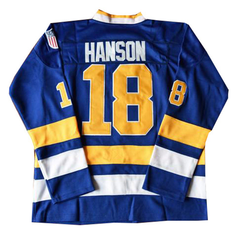 SLAPSHOT Hanson #18 Charlestown Chiefs Hockey Team Madbrother Hockey Jersey Blue And White Colors