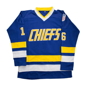 SLAPSHOT Jack Hanson #16 Charlestown Chiefs Hockey Team Madbrother Hockey Jersey Blue And White Colors