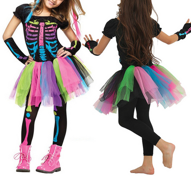 Girls Skeleton Skull Costume Halloween Cosplay Kids Fancy Dress Party Outfit